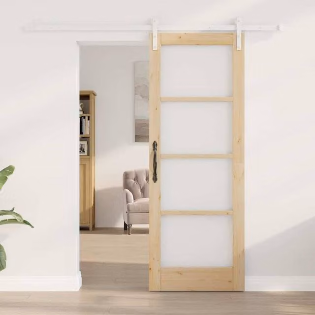 Berkfield Home Orkdal Modern Sliding Door with Hardware Set in Beige, Solid Wood and Glass, H: 198.5 cm, W: 73.5 cm