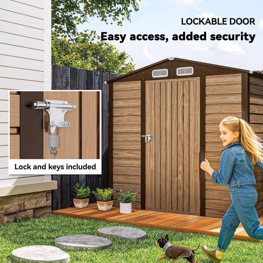 Rolipo Galvanised Steel Garden Shed with Lock, Oak Brown, W/D/H: 121.92 x 188.0 x 188.0 cm – 6