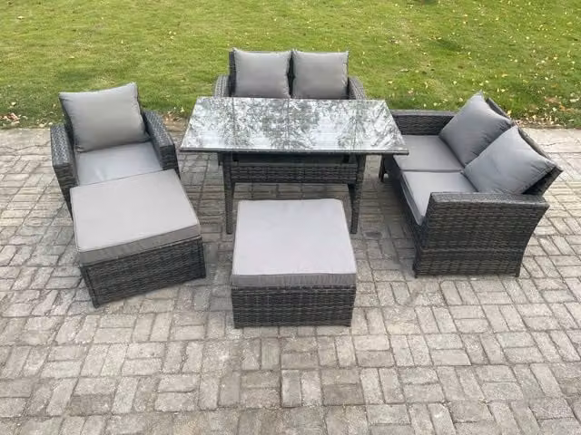 Fimous High Back Rattan Outdoor Garden Furniture Set with Dining Table, Armchair and 2 Large Footstools in Dark Grey Mixed
