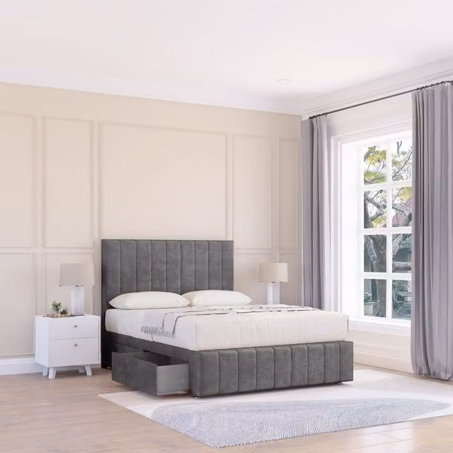 Sloomy Manhattan Upholstered Divan Bed Base and Floor Standing Headboard in Grey, W/D/H: 140 x 200 cm