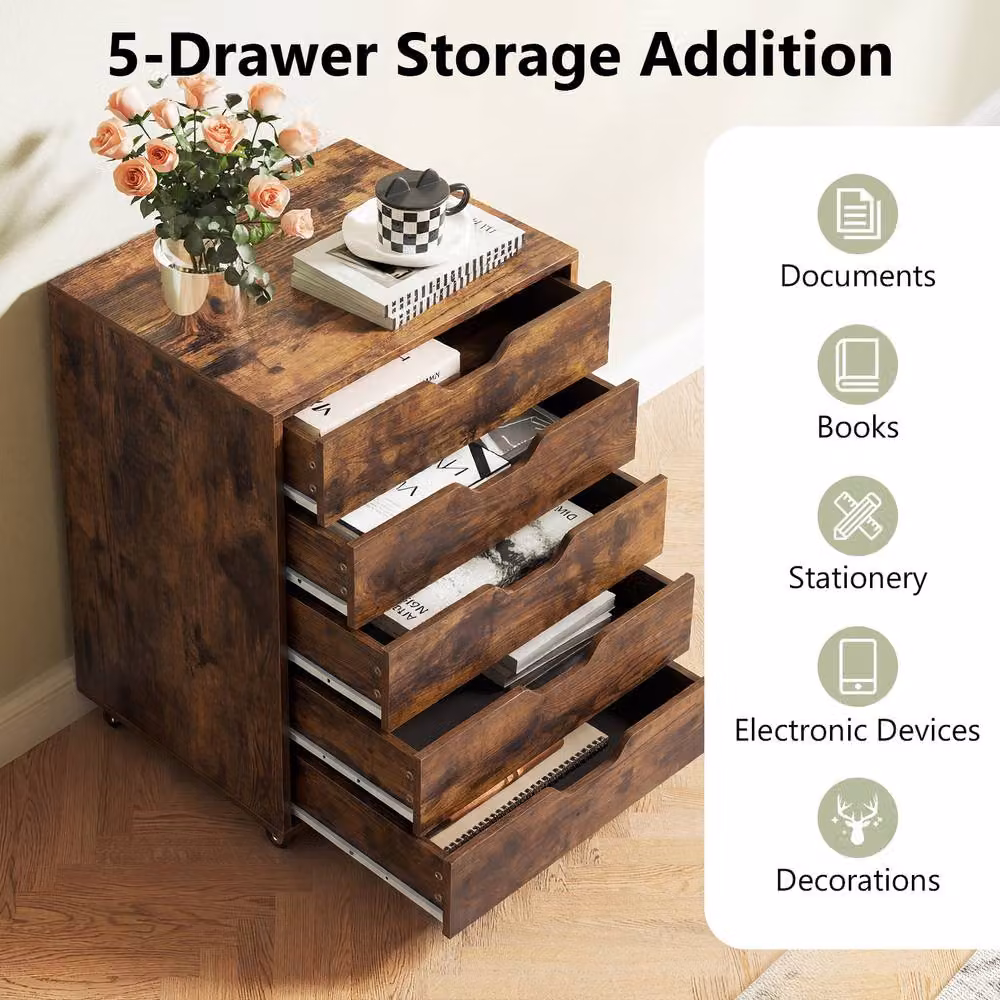 Costway 5 Drawer Rolling Dresser Storage Cabinet with Lockable Wheels in Brown – 5