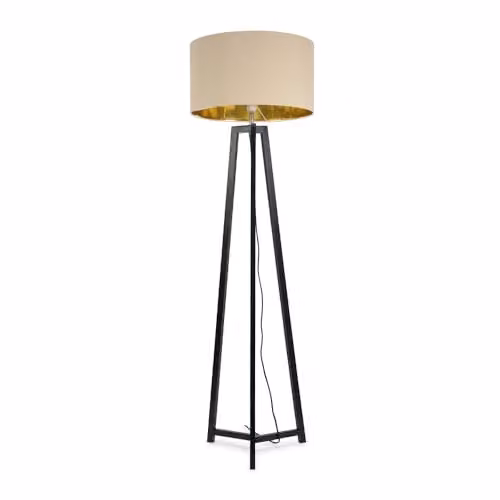 ValueLights Black Wood Tripod Floor Lamp with Beige and Gold Drum Lampshade and Included LED Bulb – 1