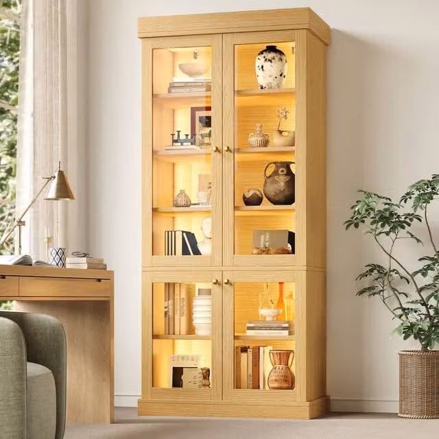 Merax Modern Tall Glass Display Cabinet with Multicolour LED Lighting in Sand Brown, H: 180 cm, W: 50 cm, D: 40 cm – 1
