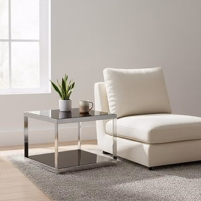 Orsina Modern Square Coffee Table with Black Glass and Silver Finish W/D/H: 60 x 60 x 45 cm