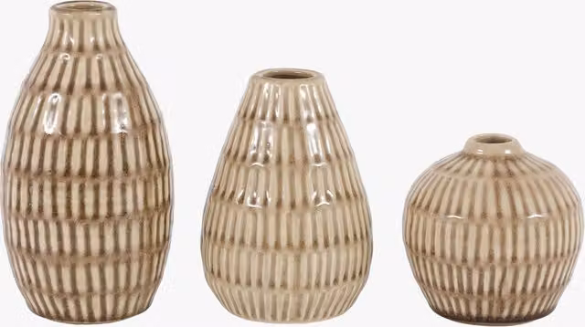 Perch & Parrow Set of 3 Beige Ceramic Ridged Bud Vases