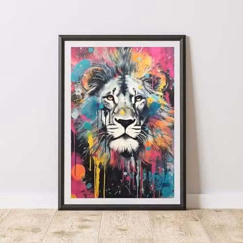 60 SECOND MAKEOVER Lion Pop Art Print, Multicolour Abstract Animal Poster, A4