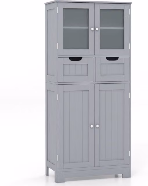 Gymax Tall Grey Bathroom Cabinet with Double Hinged Doors and 2 Internal Drawers