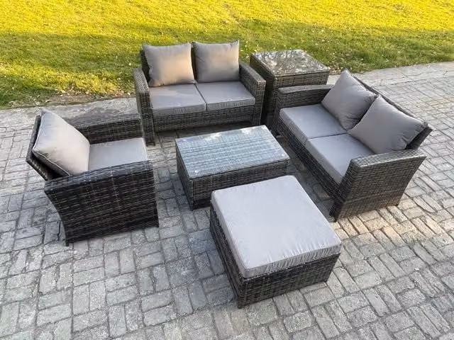 Fimous 6 Seater Grey Wicker Rattan Garden Furniture Set with U-Shape Sofa, Coffee Table and Ottoman