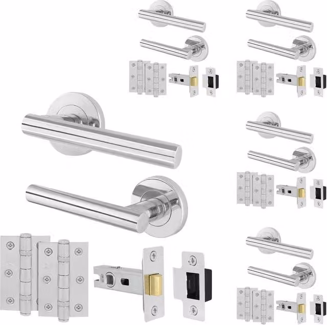 AFIT Chrome T-Bar Door Handles with Round Rose and Latch Hinges, 5 Pack, Silver, Size: 150 x 150 mm
