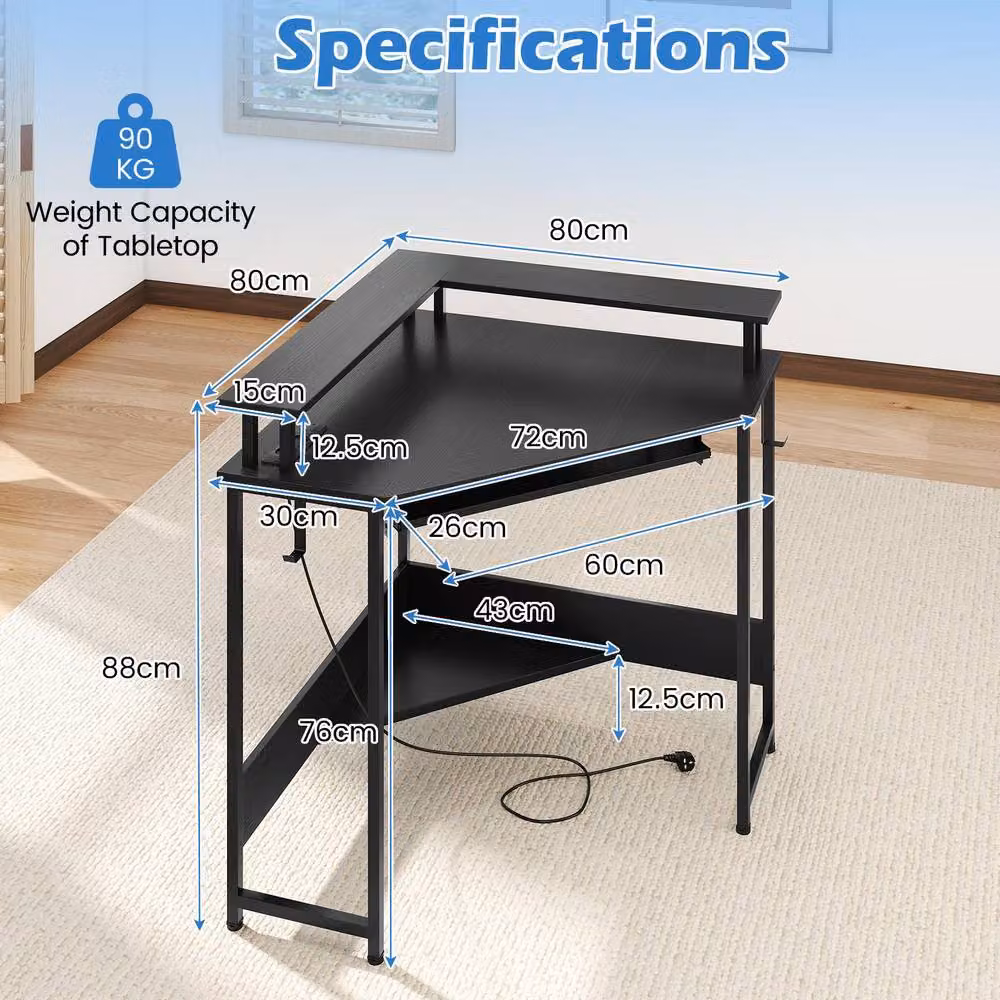 Costway Black Triangle Corner Gaming Desk with Charging Station and LED Lighting – 2