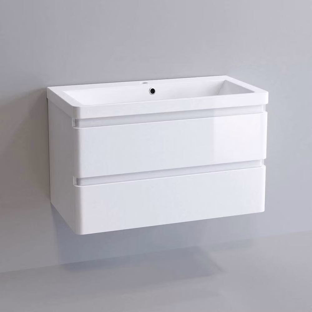 FLAVORA Modern White Glossy Wall Mounted Bathroom Vanity Unit with Built In Sink Basin – 4