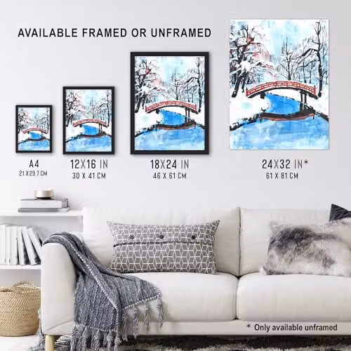 Artery8 Japanese River Bridge in Winter Forest Landscape Wall Art Poster Print, Multicolour, 18 x 24 Inch – 3