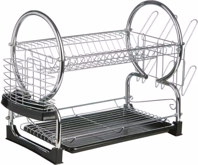 Orsina 2 Tier Dish Drainer with Black Plastic Drip Tray, Cutlery Holder and Cup Holder in Silver and Black