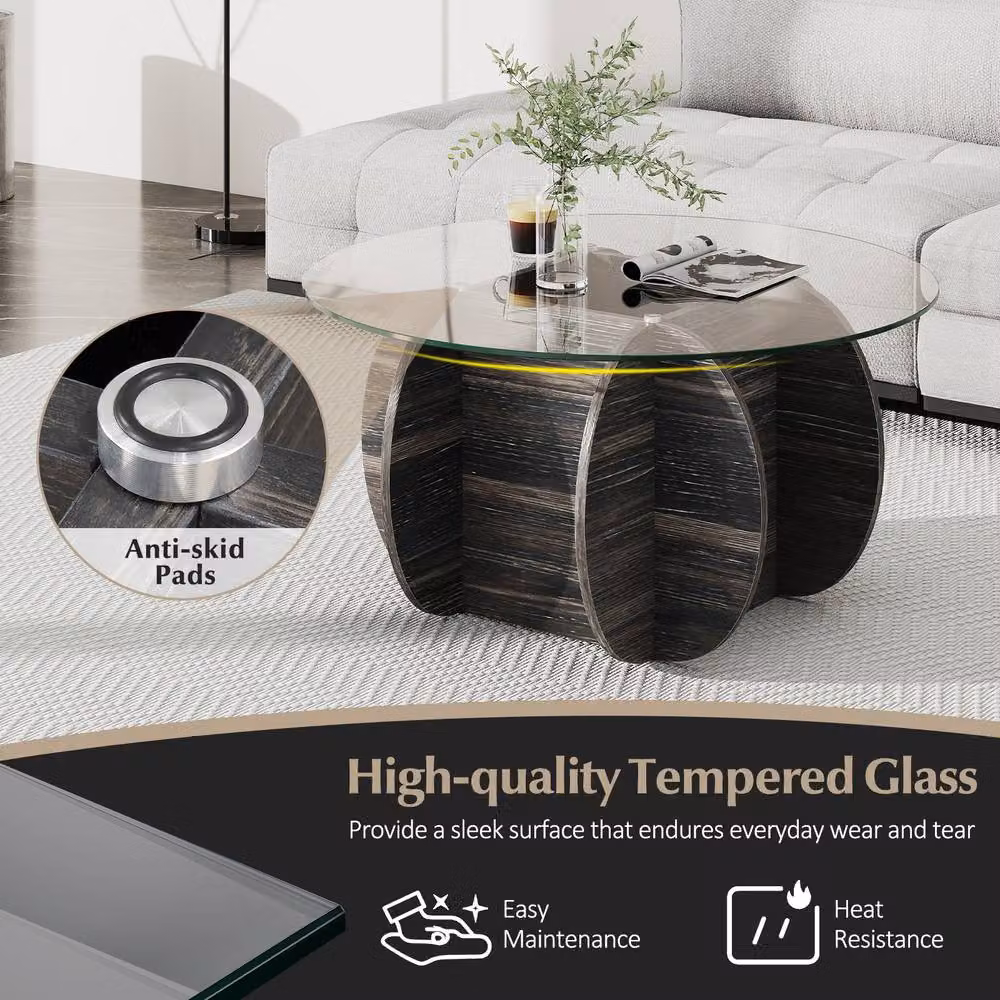 Gymax Round Coffee Table with Glass Top and Storage in Black, Diameter: 89 cm – 2