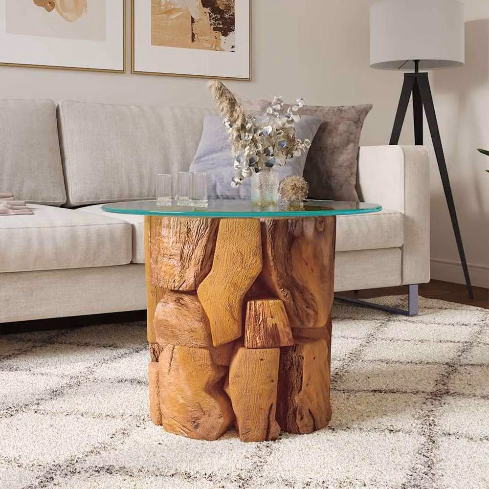 Berkfield Home Round Rustic Solid Teak and Glass Coffee Table, Brown, Diameter: 60 cm – 2