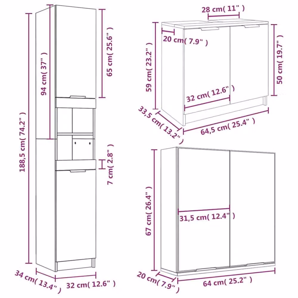Berkfield Home 3 Piece Modern Grey Bathroom Cabinet Set in Sonoma Engineered Wood – 3