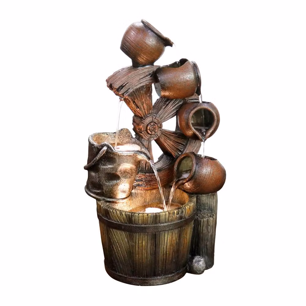 Primrose Santana Cascading Bowls Windmill and Bucket Water Feature with Lights in Brown, Height: 61 cm – 4