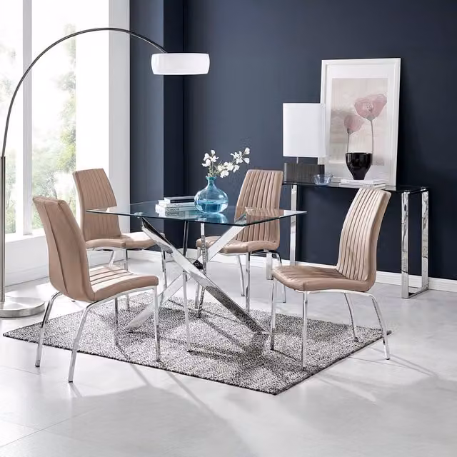 FurnitureboxUK Leonardo Dining Table and Four Isco Chairs Set with Glass Top, Cappuccino, W/D/H: 120 x 70 x 70 cm