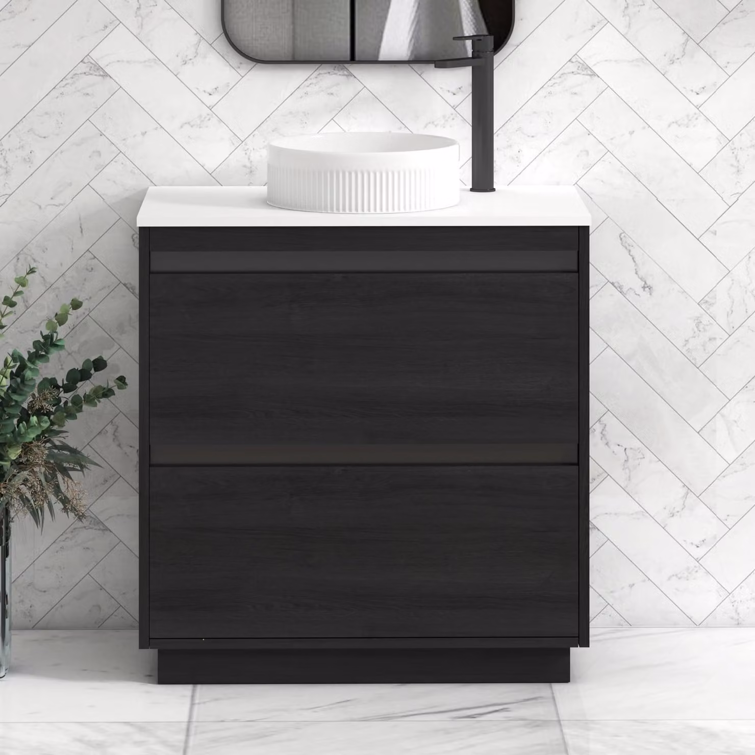 Royal Bathrooms Orion 800mm Hale White Countertop Vanity Unit with 2 Drawers, Round Basin and Black Accent Trim