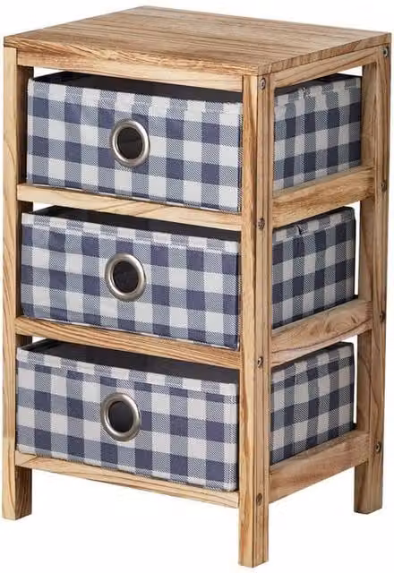 FORGEVIO Wooden Storage Chest with 3 Checked Plaid Fabric Drawers in Brown – 1
