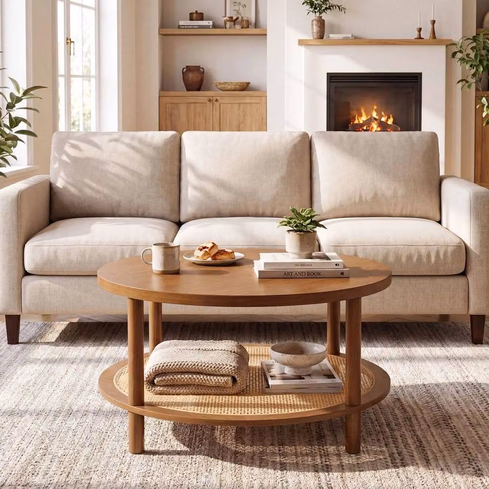 KORVIXA 2-Tier Round Rattan and Rubberwood Coffee Table in Brown, W/D: 100 x 100 cm – 3