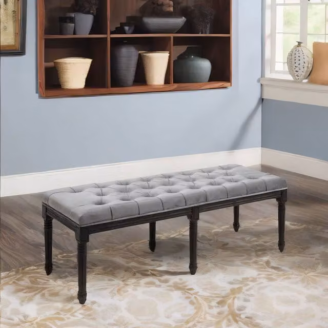 Furnold Grey Velvet Tufted Accent Bench Seat
