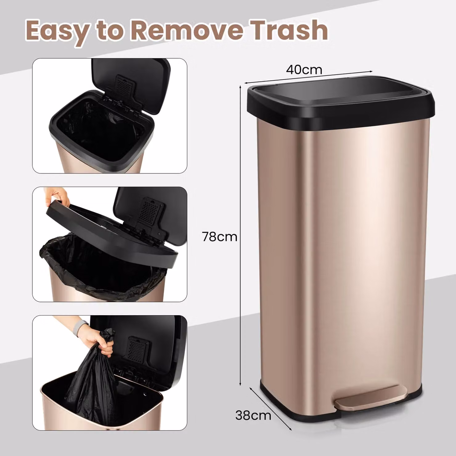 Gymax 68L Rose Gold Stainless Steel Recycling Pedal Bin with Soft Close Lid and Odour Filter – 2