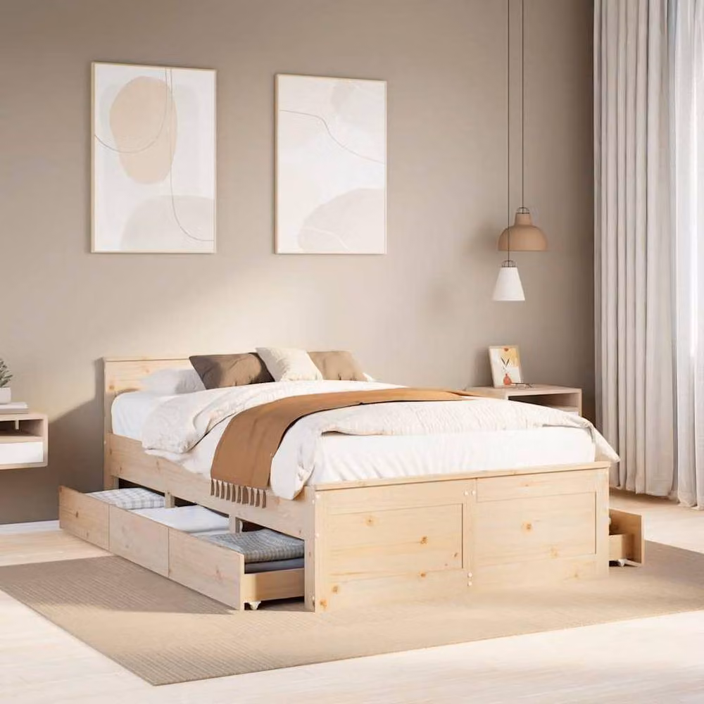 Berkfield Home Double Bed Frame with Headboard in Natural Solid Pine, W: 135 cm, L: 190 cm – 2