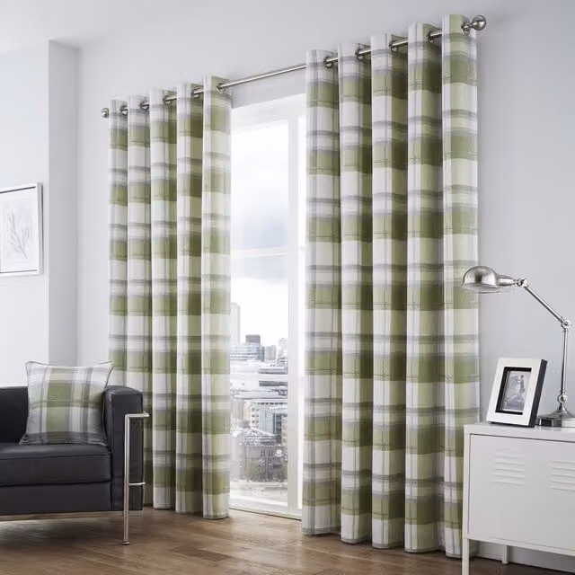 Fusion Balmoral Check Country House Pattern Eyelet Curtains in Green, Width: 229 cm, Drop: 229 cm