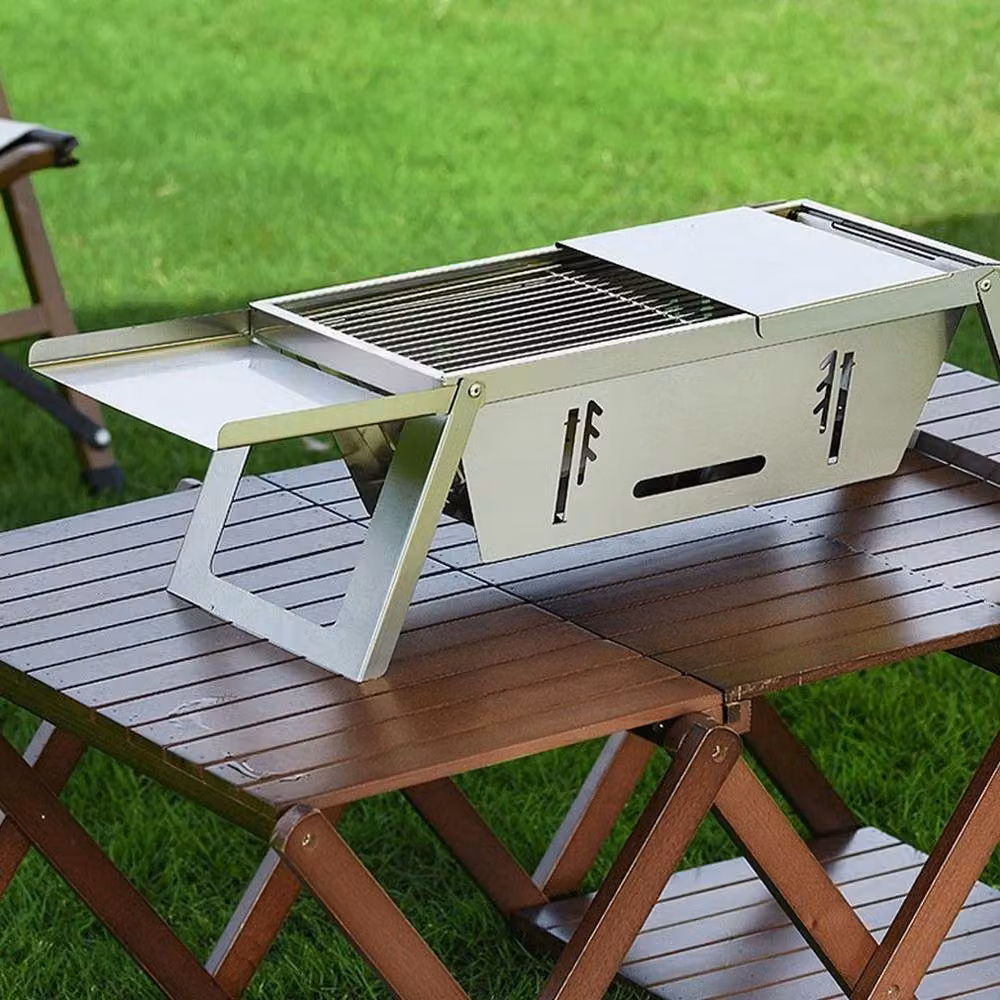 FLAVORA Folding Stainless Steel Charcoal Barbecue Tabletop Grill in Silver – 4