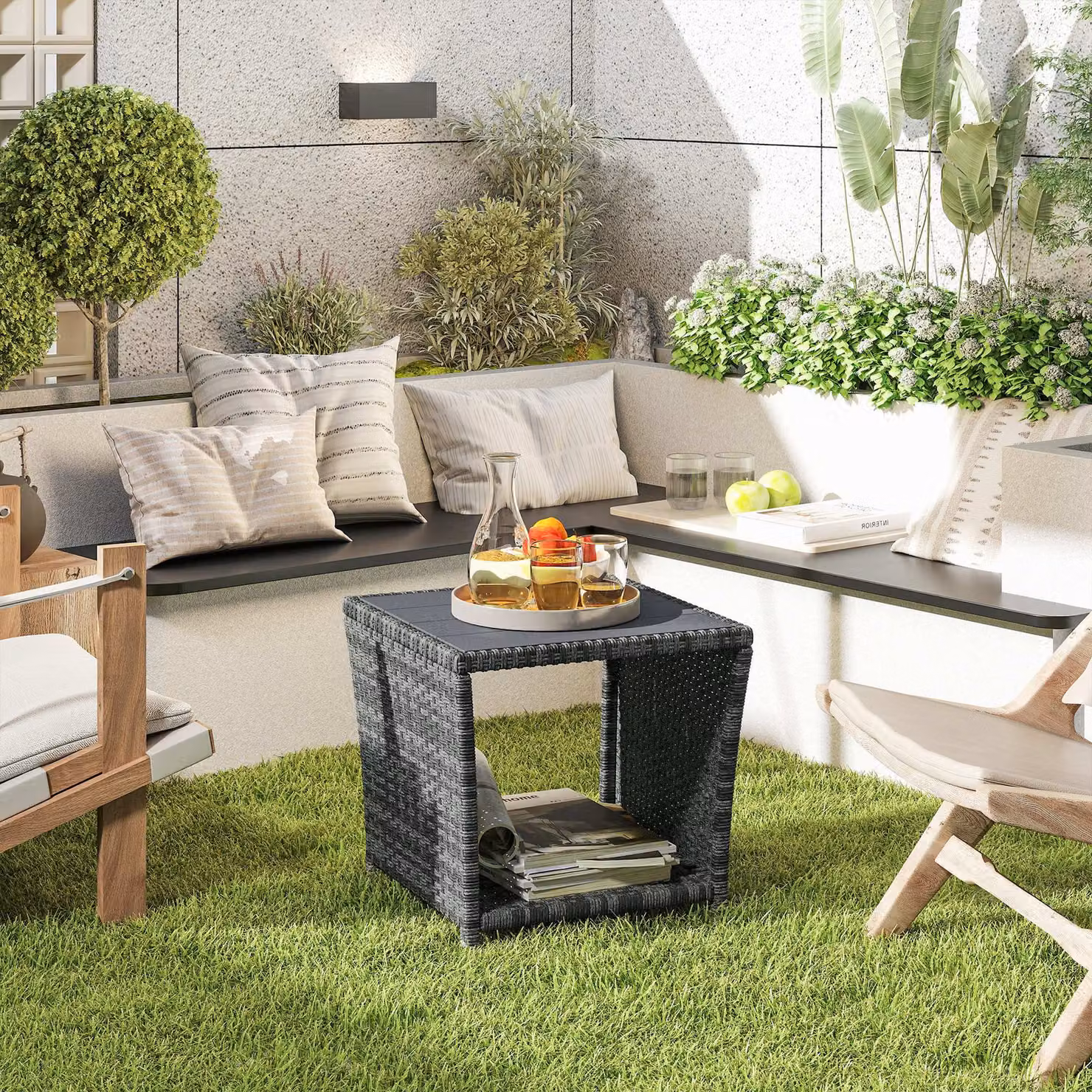 Outsunny 2-Tier Outdoor Coffee Side Table with Storage Shelf, Grey PS Wood Slat Top – 2