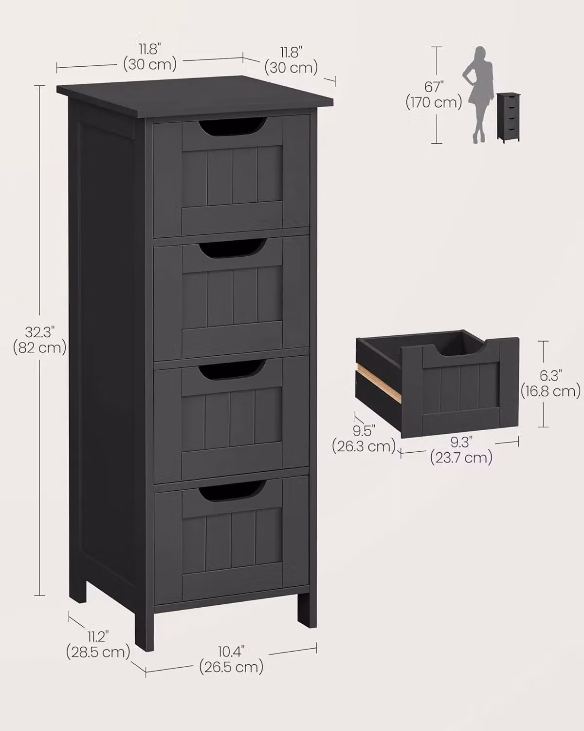 VASAGLE Compact Freestanding Bathroom Floor Cabinet with 4 Drawers in Black – 2