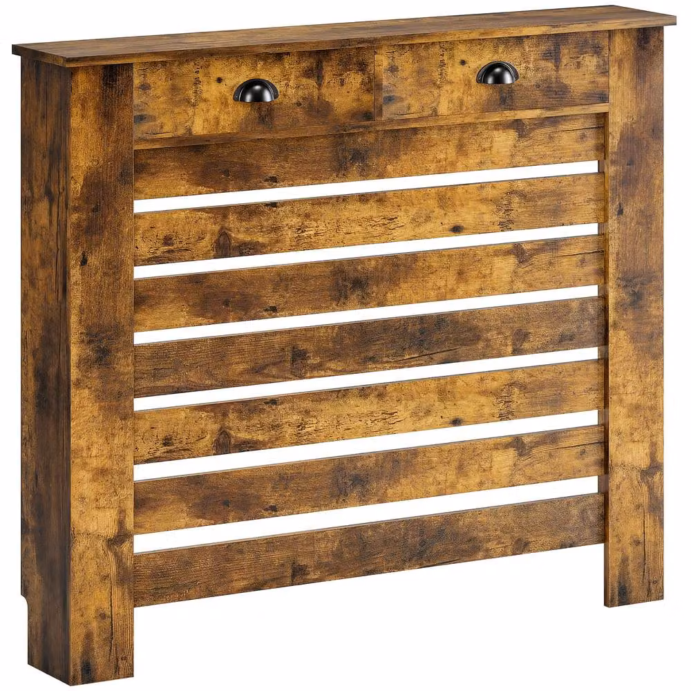 HOMCOM Radiator Cover with Drawer in Brown with Horizontal Slats, Width: 111 cm – 2