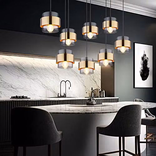 Globo Lighting Modern Suspended LED Pendant Light with Grey Glass and Brass Rings, H 103 cm x W 34 cm x D 34 cm – 2