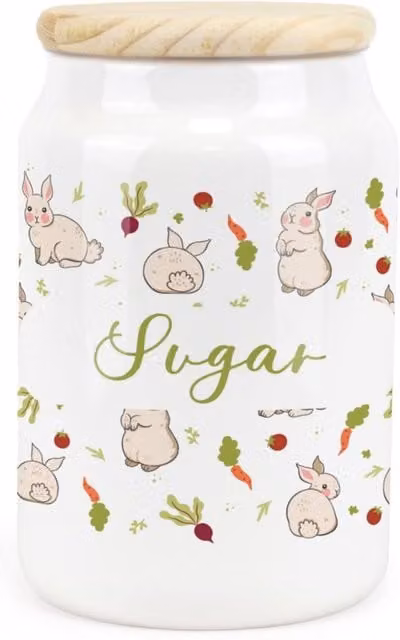Purely Home Allotment Rabbits Floral Ceramic Sugar Storage Canister in Green and White