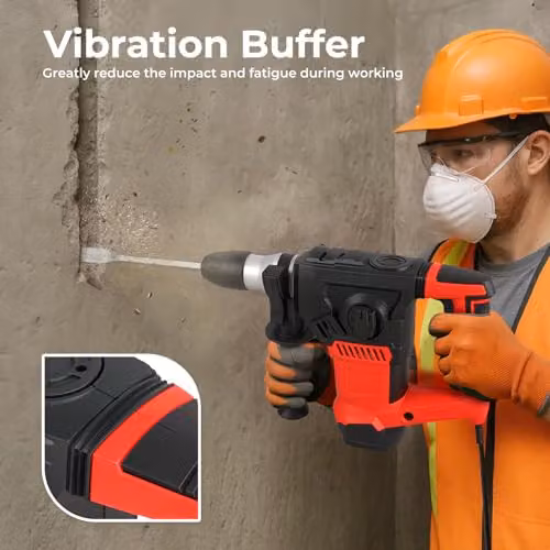Traderight 1500W SDS Plus Rotary Hammer Red 4-Mode Professional Demolition Drill with 8J Impact Energy and 4500BPM – 6