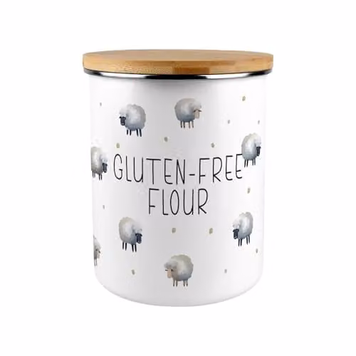 Purely Home Spring Sheep Gluten-Free Flour Canister in White Enamel with Bamboo Lid