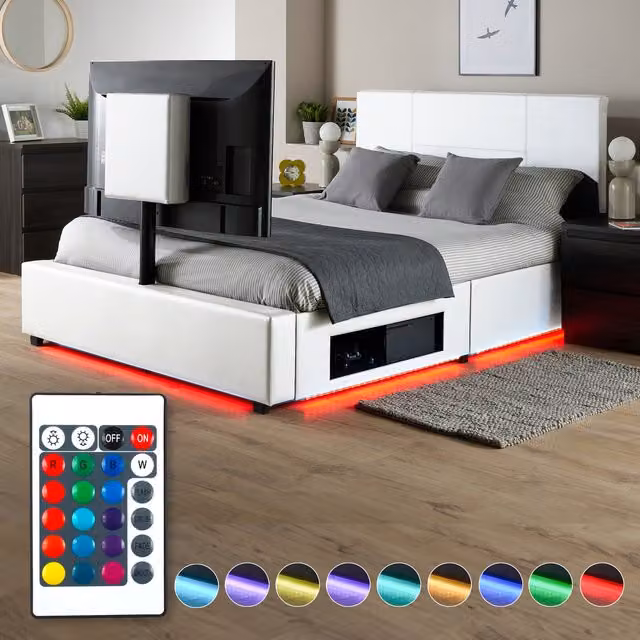 XR Living Ava Upholstered TV Bed with LED Lighting in White, 180 x 200 cm