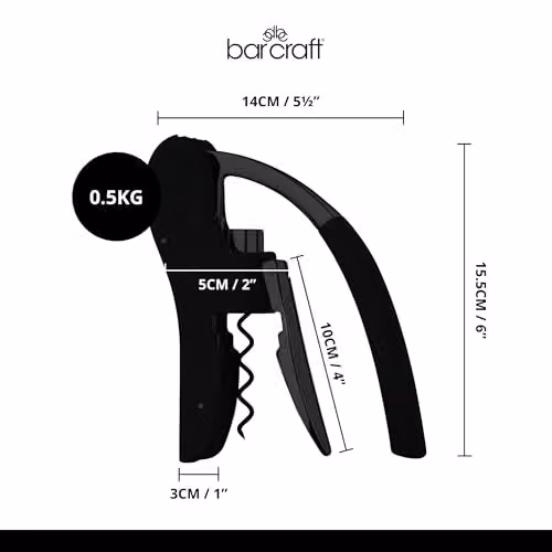 BarCraft Deluxe Lever Corkscrew and Wine Bottle Opener with Built-in Foil Cutter in Black and Silver Metal – 4