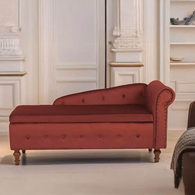 Livinluxury Red Velvet Upholstered Chaise Longue with Storage