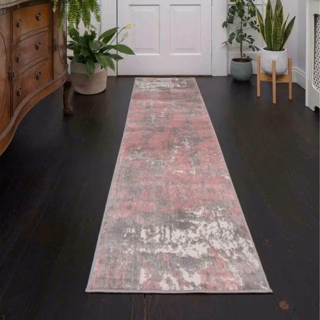 The Rug House Abstract Modern Area Rug in Pink and Grey, W: 240 cm, D: 60 cm