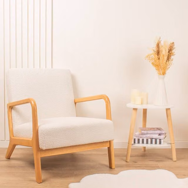 Scottish Everlastings Ltd Beige Boucle Lounge Chair with Curved Arms and Solid Wood Frame