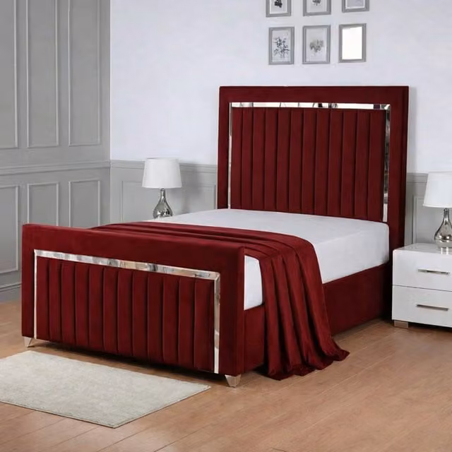 Living Comfort Bedz Chrome Edge Ottoman Gas Lift Storage Bed in Red Velvet with 48 Inch Headboard, Size: Double (W/D/H: 140 x 200 cm)