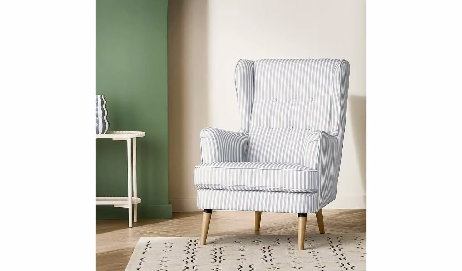 Callie Blue Striped Fabric Wingback Lounge Chair with Wood Legs, H 96.0 x W 73.0 x D 107.0 cm