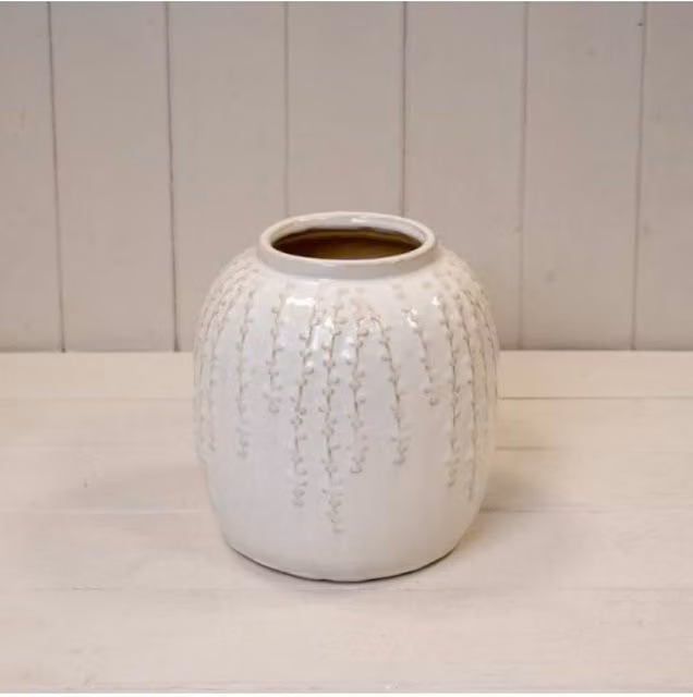 KDMD Small Cream and White Ribbed Ceramic Tabletop Vase