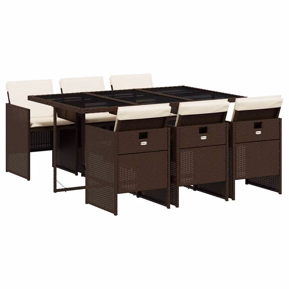 Berkfield Home 7 Piece Brown Poly Rattan Garden Dining Set with Cushions and Glass Top – 2