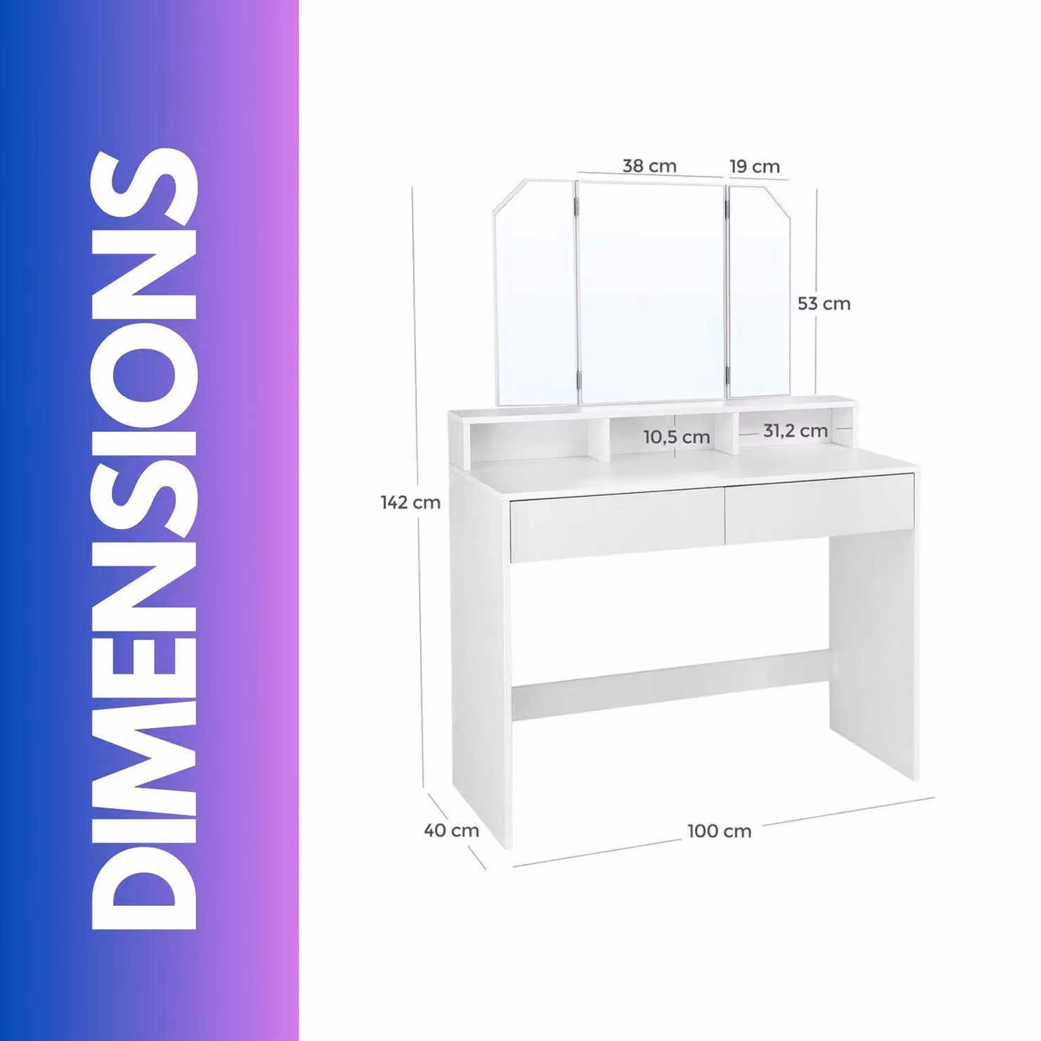 FURNOS Modern 2 Drawer Dressing Table with Tri-Fold Mirror in White – 3