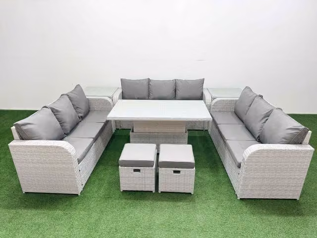 Fimous 11 Seater Grey PE Rattan Outdoor Garden Furniture Set with 3 Seater Sofa, 2 Ottomans, and Adjustable Lifting Dining or Coffee Table