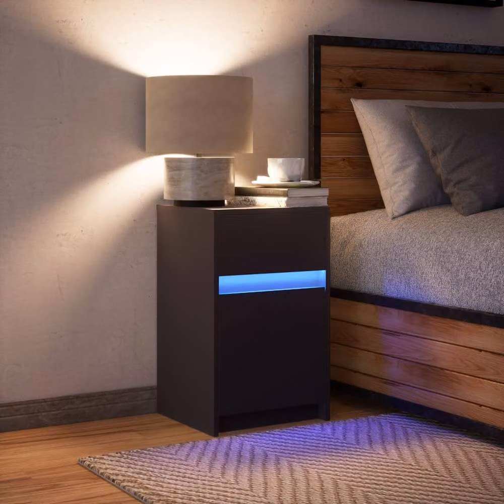 Berkfield Home Modern Black Bedside Cabinet with Integrated LED Lighting and Matt MDF Finish – 3