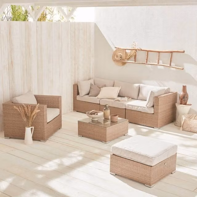Sweek 5-Seater L-Shape Woven Resin Garden Furniture Set in Beige with Upholstered Cushions and Powder Coated Aluminium Frame